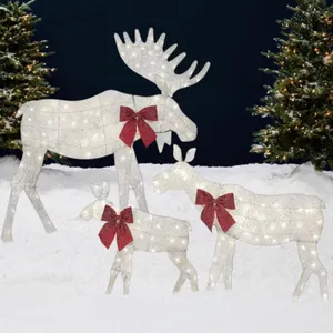 2D Moose Family Outdoor 3pc Christmas Yard Décor, 4ft Lighted Set Prelit All-Weather w/ 195 LEDs, Gr