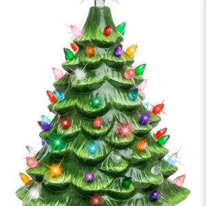 15in Ceramic Christmas Tree, Pre-lit Hand-Painted Tabletop Holiday Tree, Star Topper, 64 Lights - Gr