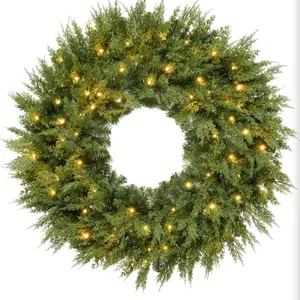 Pre-Lit Cedar Cypress Christmas Wreath w/Twinkling LEDs, 48in Realistic Large Indoor/Outdoor Holiday