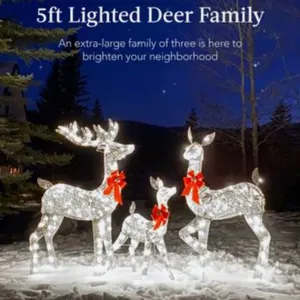 5 Foot 3-Piece Lighted Christmas Deer Set Outdoor Yard Decoration w/ 360 LED Lights, Stakes - Silver