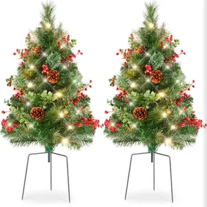Set of 2 24.5in Outdoor Pathway Christmas Trees, Battery Operated Pre-Lit Holiday Décor w/LED Lights
