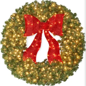 36in Large Artificial Pre-Lit Fir Christmas Wreath Holiday Accent Decoration for Door, Mantel w/Red