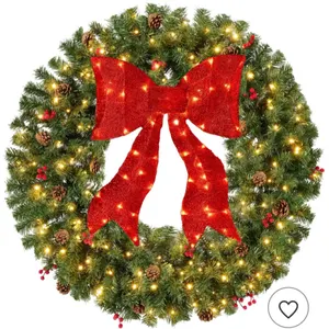 30in Pre-Lit Christmas Wreath w/Berries & Pinecones, Large Artificial Indoor/Outdoor Decor, w/RedLig