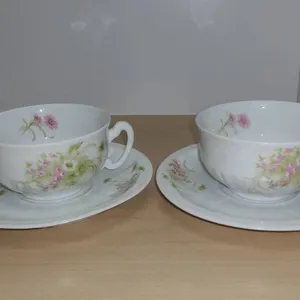 Vienna Austria Porcelain Cups Saucers Pink Floral Set of 2