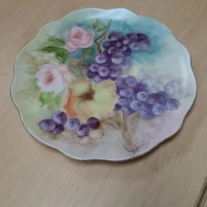 Hand Painted Porcelain Plate with Grapes and Roses Design