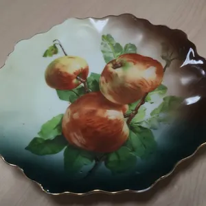 Porcelain Plate with Hand-Painted Apples, Scalloped Rim