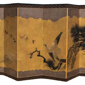 ASIAN FOLDING SCREEN WITH PAINTED SCENE, 68" H., 12' W.