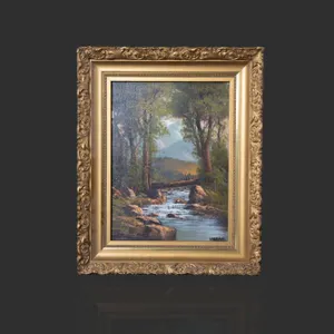 FOREST SCENE PAINTING ON CANVAS WITH GILT FRAME.