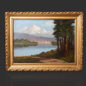 MOUNTAINSCAPE PAINTING ON CANVAS IN GILDED FRAME.