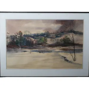 MONUMENTAL ORIGINAL FRAMED WATERCOLOR OF SNOWY LANDSCAPE.