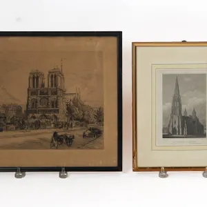 ETCHING OF NOTRE DAME AND FRAMED LITHOGRAPH OF FREUBURG MINSTER.
