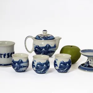 BLUE AND WHITE JAPANESE TEA SET WITH DELFT CANDLESTICK AND BARBER MUG.