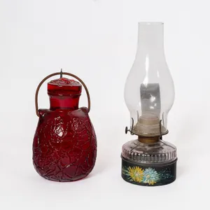 CHET COLE RUBY RED HAND BLOWN ART GLASS HONEY POT AND OIL LAMP