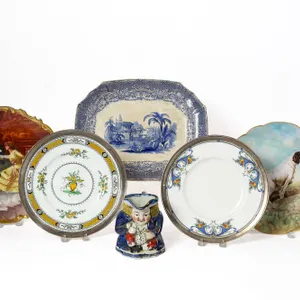 FLORENTINE CHINA PLATTER, HAND-PAINTED PLATES, STERLING RIM PLATES, STAFFORDSHIRE-STYLE PITCHER.