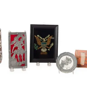 MEXICAN STERLING TUMBLER, ST FLORIAN HANGING, REVERSE PAINTING AND MORE.