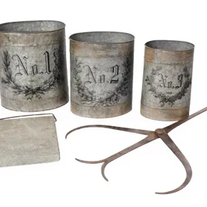 FRENCH NUMBERED METAL CANISTERS WITH BED WARMER AND BLACKSMITH CALIPER.