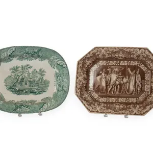 ANTIQUE GREEN AND BROWN TRANSFERWARE PLATTERS.