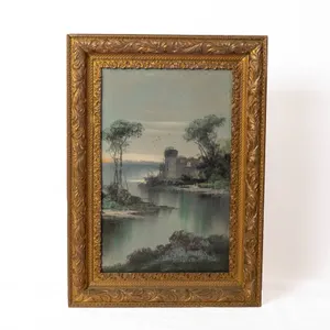 LANDSCAPE OIL PAINTING WITH CASTLE IN DECORATIVE GILTWOOD FRAME.