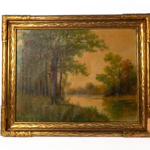OIL PAINTING IN GILT AND BROWN FRAME 25" H., 32" W.
