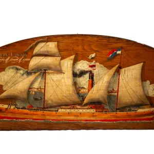 VINTAGE NAUTICAL WALL PLAQUE, 32" W., 16" H., SIGNED ON WOODEN BOARD.