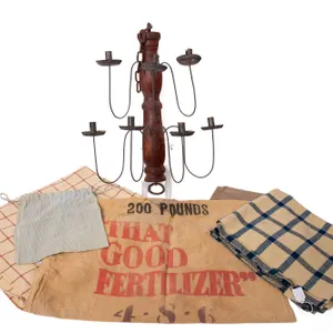 WOOD AND METAL CHANDELIER 22" H., GROUP OF SHAKER LINENS, AND FERTILIZER BAG.