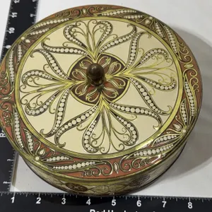 Vintage Decorative Tin featuring an ornate gold filigree made in England