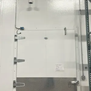 KPS walk-in freezer. Features foam insulated panels, Witt 3-fan evaporator coil, interior overhead lighting, strip curtains, and a pallet-sized hinged