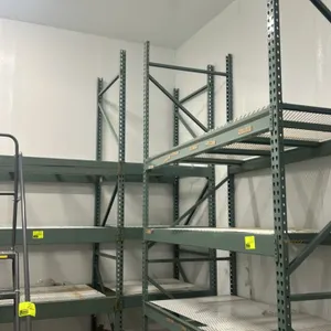 Interlake teardrop pallet racking. Features multi-tier configuration and wire mesh decking. Includes (1) 90" x 44" x 151" section with 7" crossbars an