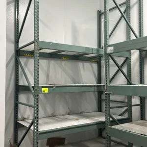 Interlake multi-tier teardrop pallet racking. Features teardrop punch uprights, 5" crossbars, and wire mesh decking. Dimensions: 90" x 44" x 151". Adj