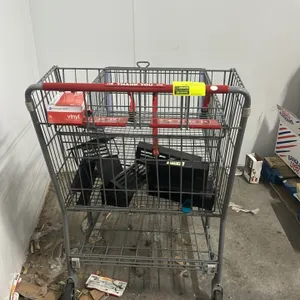 Metal wire shopping cart. Features fold-out child seat with red plastic flap, red handle sleeve, and lower wire storage shelf. Mounted on (4) casters.