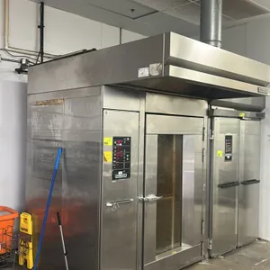 Hobart HBA2G natural gas commercial roll-in rack oven. Features stainless steel construction, digital programmable controls, front door viewing window