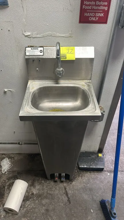 Krowne HS-14 stainless steel pedestal handwashing sink. Features a gooseneck faucet, integrated backsplash, and dual foot pedal controls. Mounted on a