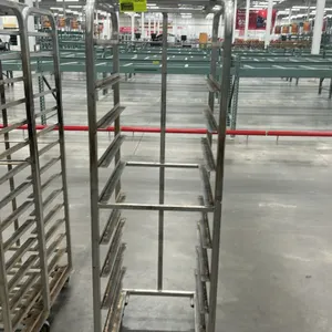 Aluminum full-size front-load roll-in oven rack. Features 10-tier angle pan slides and an open-frame design. Mounted on swivel casters.