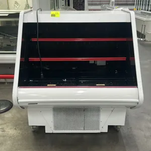 Hillphoenix O3UMA4-56 self-contained 3-tier grab-and-go refrigerated display case. Features 2 upper display shelves with red moulding, lower wire rack