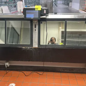 Arneg CHICAGO 3 8' medium-temp deli service cases. Features curved front glass, rear sliding service doors, and poly case risers. Dimensions: 12'L and