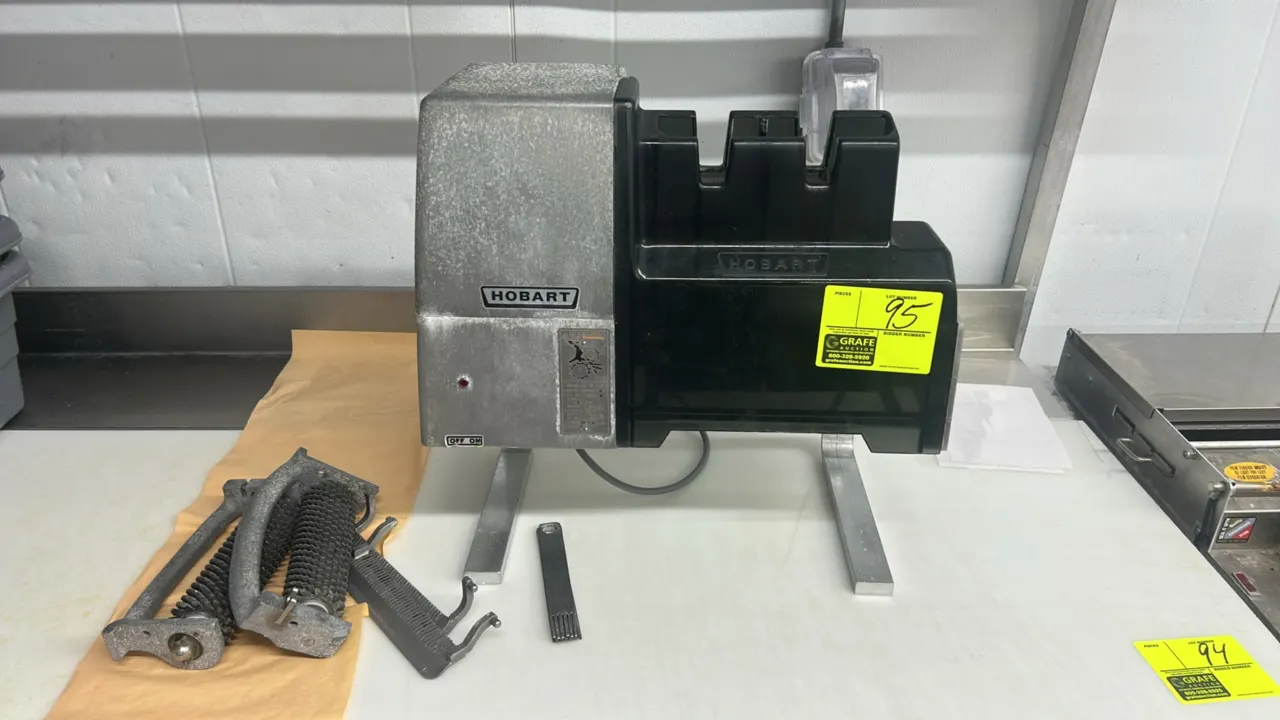 Hobart 403 commercial electric meat tenderizer. Includes tenderizer blade roller assemblies, stripper guide, and cleaning tools. S/N: 31-1623-514. Ele
