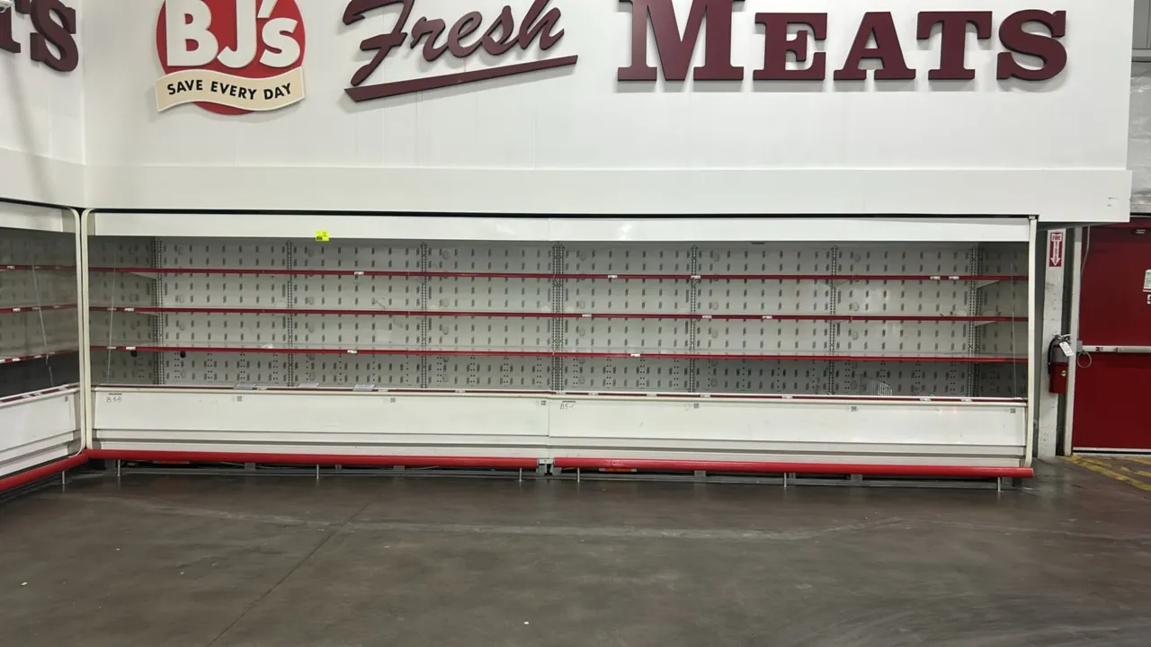 Hillphoenix O5DM12 multi-tier open display cases. Features solid adjustable shelves with price tag molding, interior lighting, and lower bumper rails.