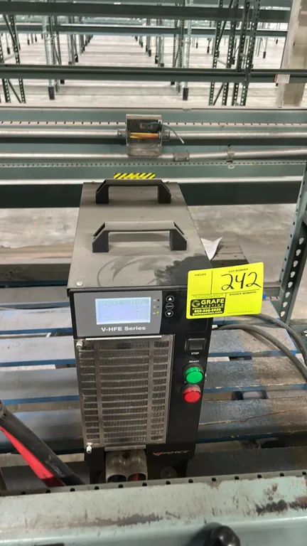 Crown V-Force FS3-MP336-2 industrial battery charger. Features digital display, dual top carry handles, and charging cable. DC Output: 36V, 100A (18 c
