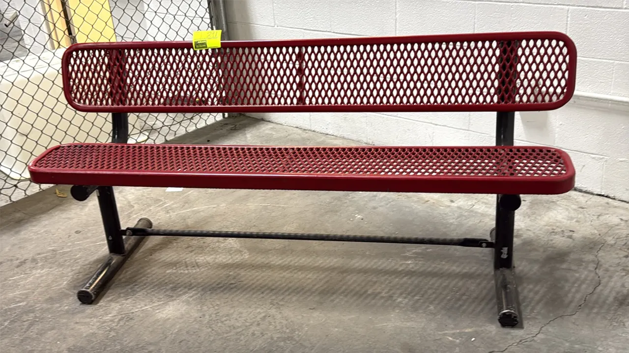 Rubber-coated expanded metal bench with backrest. Features red-coated diamond-pattern expanded metal seat and backrest. 6'L. Mounted on a black tubula