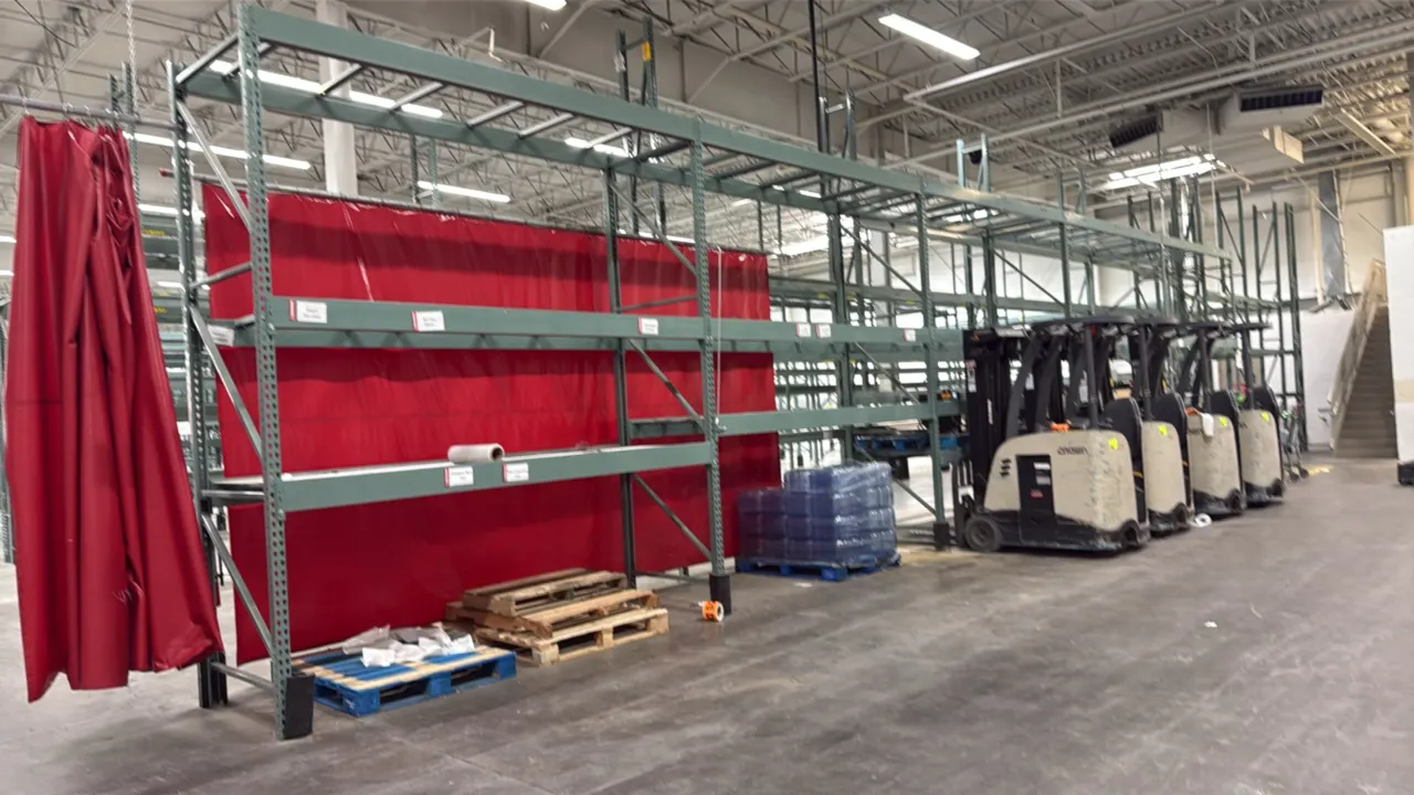 Interlake pallet racking. Features 6" and 6.5" crossbars, cross supports, and wire mesh decking. Dimensions: 10'9" x 3'8" x 12'6"H each. Forklifts, ca