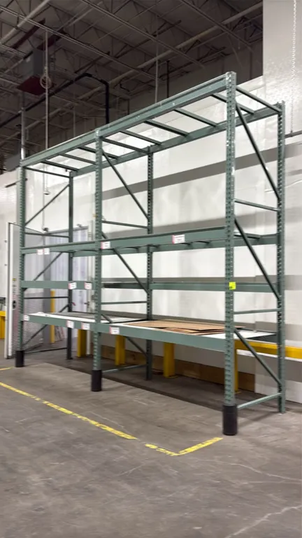 Interlake pallet racking. Features teardrop uprights, 5" crossbars, pallet support bars, and wire mesh decking. Dimensions: 7'6" x 3'8" x 12'6"H. Cont