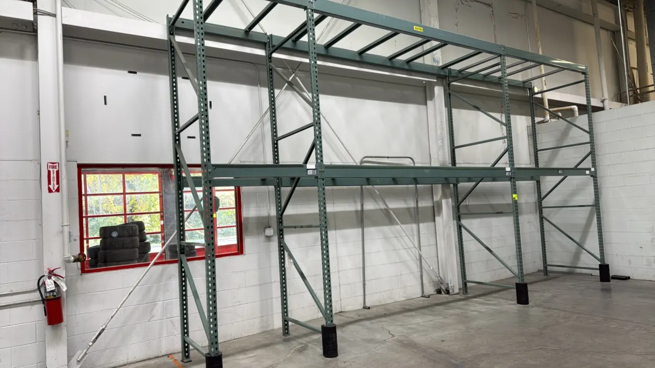 Interlake warehouse pallet racking. Features teardrop uprights, step beams, and pallet support crossbars. Dimensions: 3'8"D x 12'6"H uprights with (1)