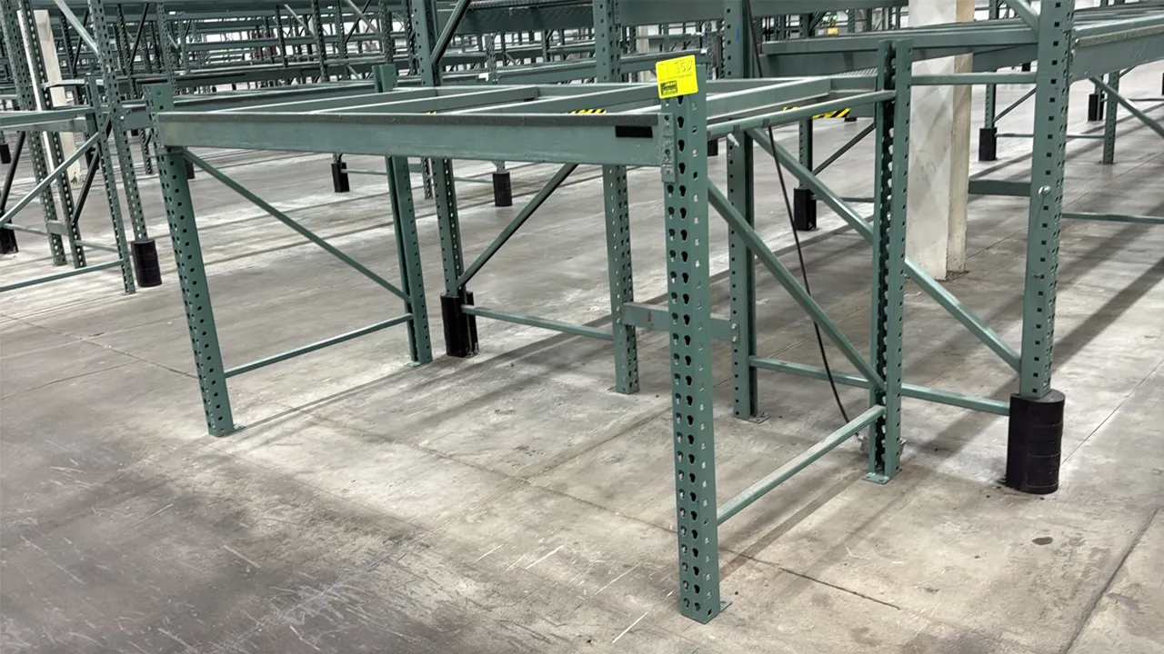 Interlake warehouse racking. Features teardrop-style uprights, cross beams, and pallet support bars. Dimensions: 7'6" x 3'8" x 4'6"H.
