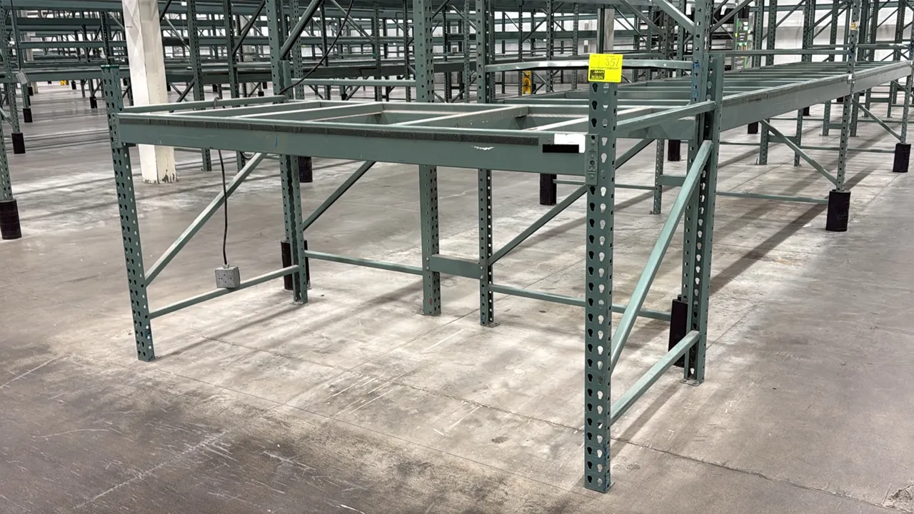 Interlake warehouse racking. Features teardrop uprights, step beams, and cross support bars. Finished in green. Dimensions: 7'6" x 3'8" x 4'6"H. Addit