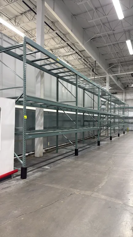 Interlake warehouse pallet racking. Features teardrop uprights, load beams, and crossbar pallet supports. Dimensions: 10'9" x 3'8" x 12'6"H.