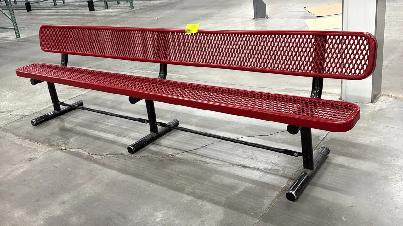 Rubber-coated expanded metal bench with backrest. Features red diamond mesh seat and back. 10'L. Mounted on a black tubular steel frame with portable