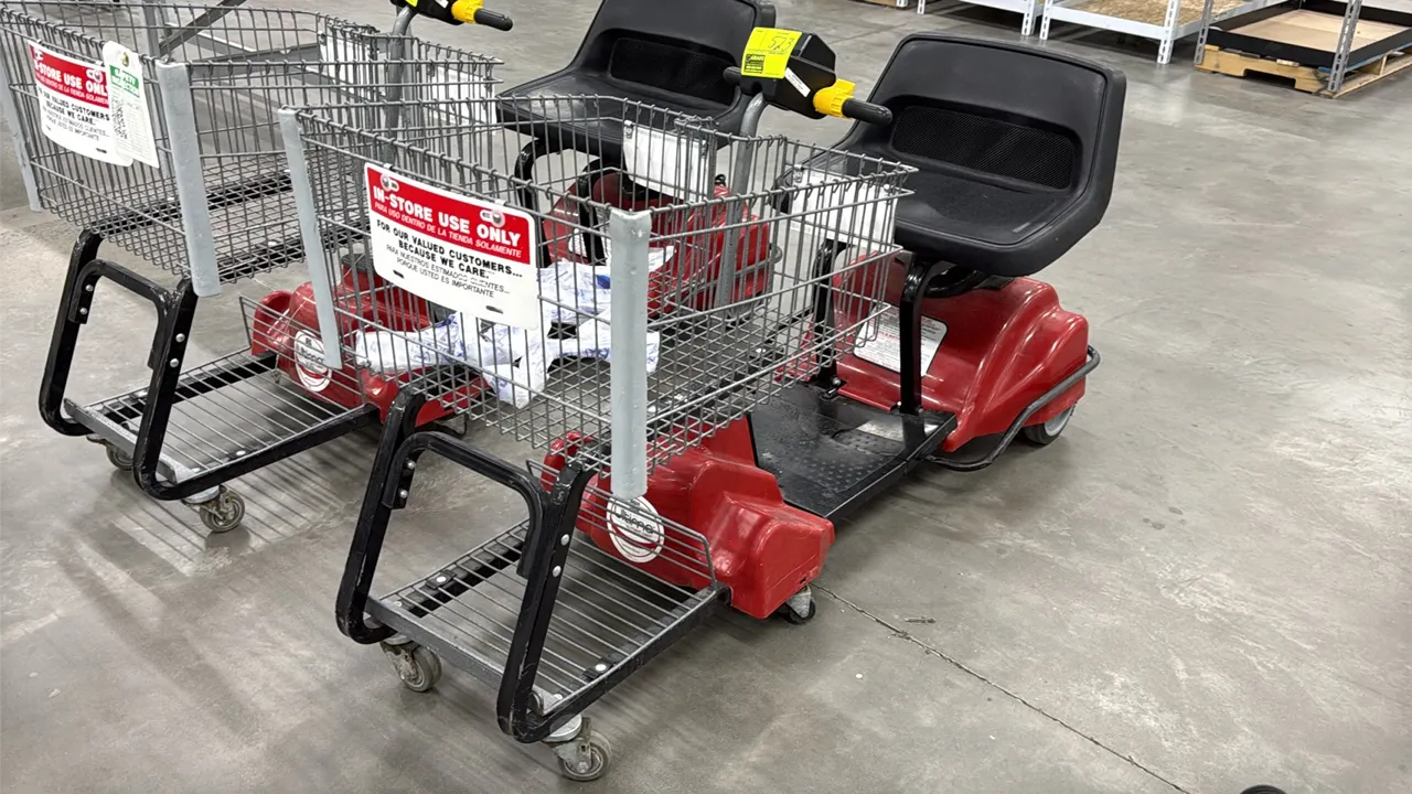 Mart Cart electric shopping cart. Features front wire basket, lower parcel rack, molded plastic seat, handlebar controls with thumb throttles, and int