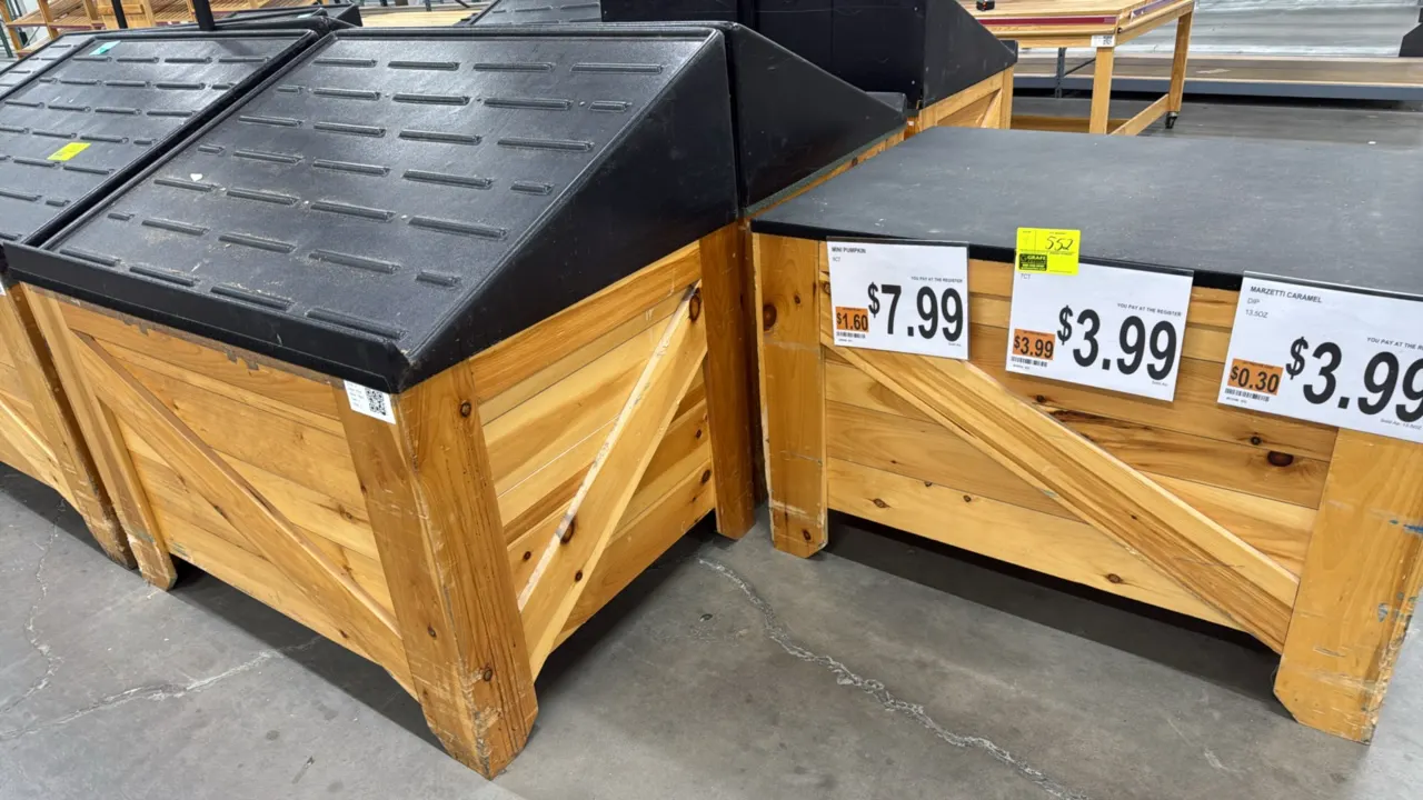 Wood produce dump tables. Features wood crate-style base construction with diagonal bracing, sloped textured display inserts, and flat black display s
