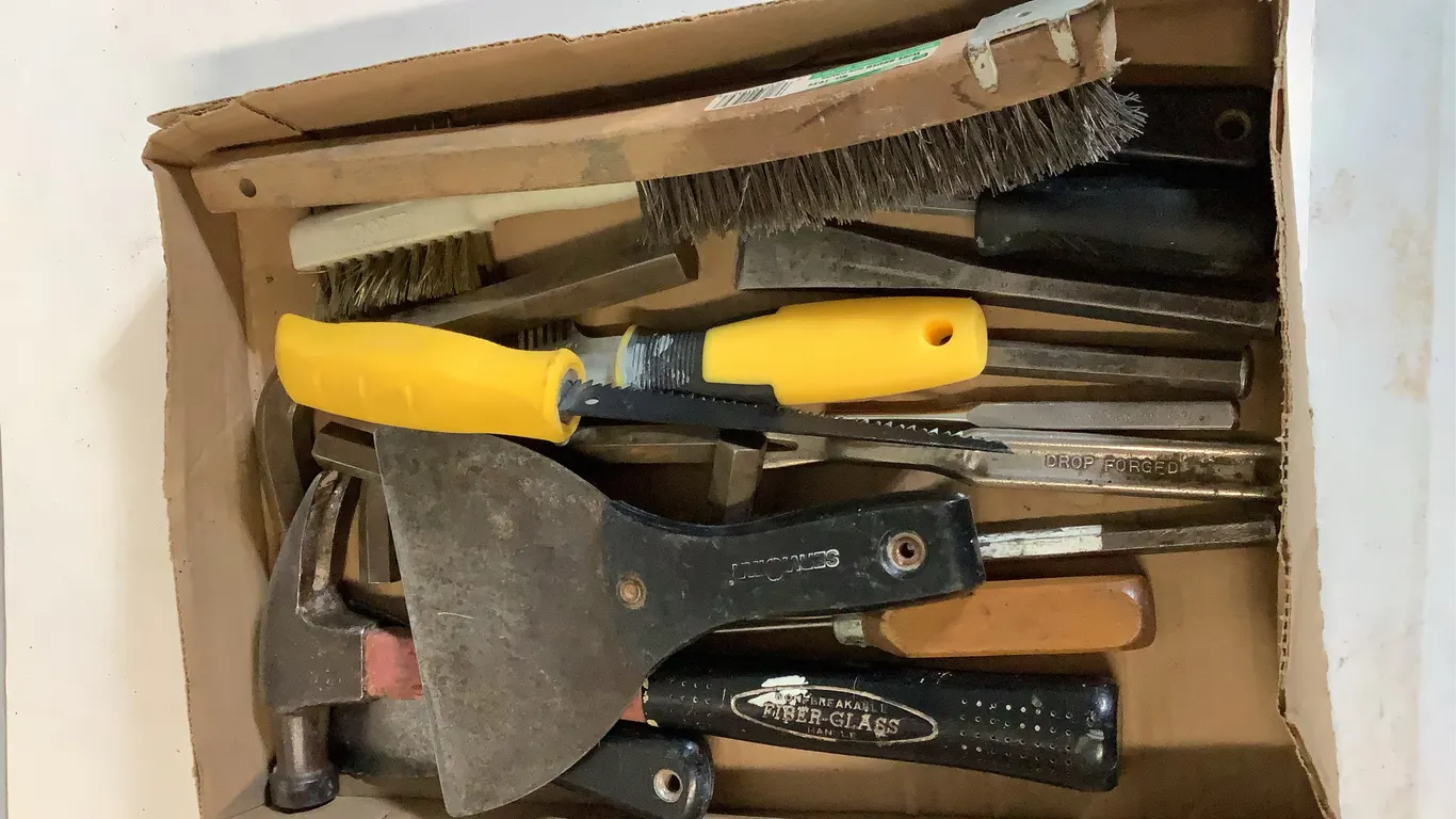 Box tools - hammer, Allen wrenches, wire brushes, key hole saw, punches, chisels