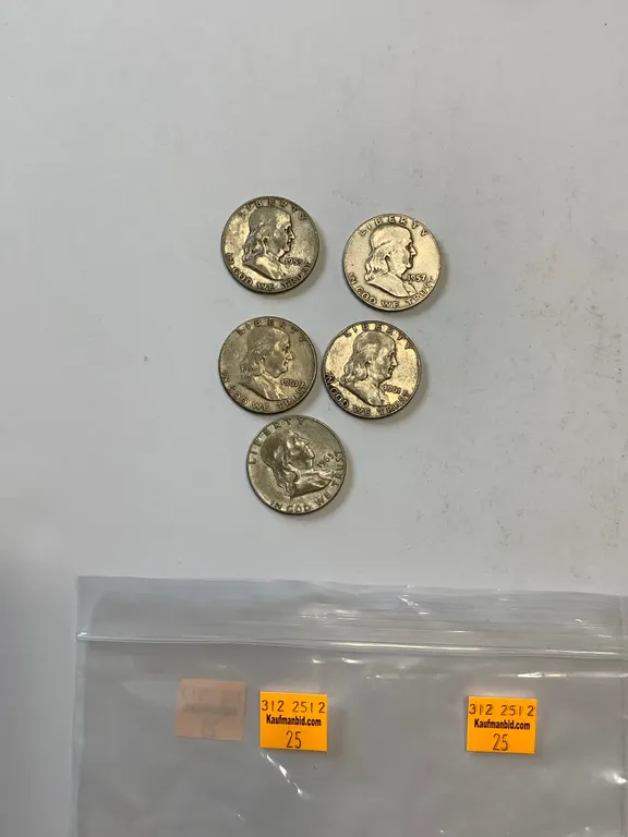 1 - 1961 Franklin Half Dollar, 1 - 1961 D Franklin Half Dollar, 1 - 1963 D Franklin Half Dollar, 1 - 1957 D Franklin Half Dollar, 1 - 1953 D Franklin